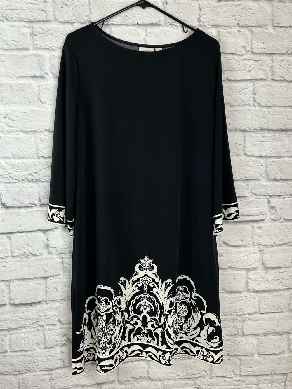 Chico’s Black White Border Print Shift Dress 3 XL 3/4 Sleeve